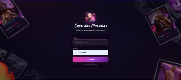 Tela de login da Copa das Piranhas com campos de e-mail e senha