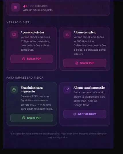 Tela de exportação com versão digital e para impressão física